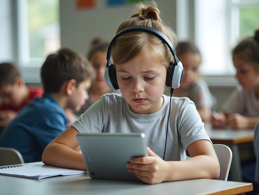 Focused child wearing headphones, using tablet in classroom